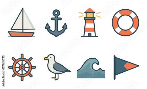 Nautical icon set. simple nautical symbols. boat, anchor, lighthouse, wave, seagull vector icons