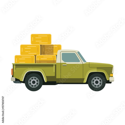 Green pickup truck loaded with yellow hay bales on a white background