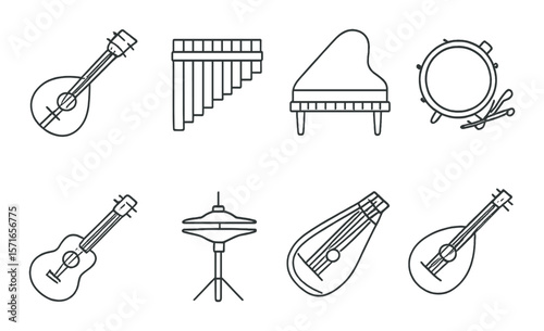 Instrument icon set. simple musical tools, guitar, piano, drum, cymbal vector icons.