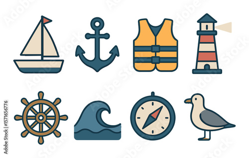 Sailing icons set. nautical flat symbols: sailboat, anchor, vest, lighthouse, wheel vector icons.