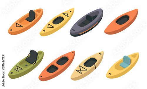 Kayak and canoe set. watercraft isometric icons. paddle, boat, outdoor, sport vector icons.