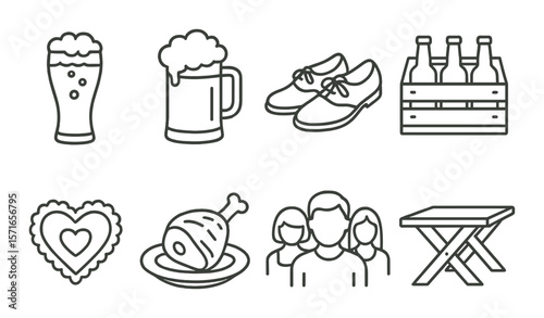 Oktoberfest icon set. beer, pretzel, sausage, beer mug, lederhosen simple vector icons.