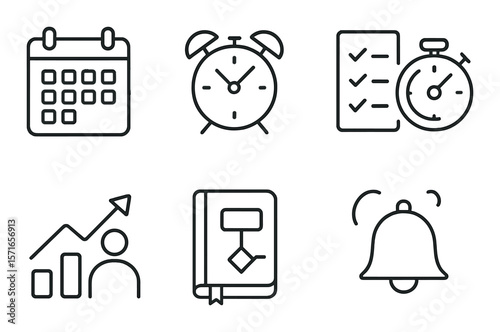 Time management icon set. simple schedule, clock, checklist, timer, chart, bell vector icons.