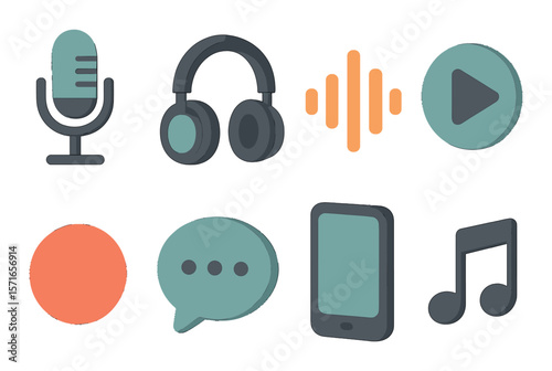 Modern podcast set. simple compose linear microphone, headphones, sound, play, music vector icons.