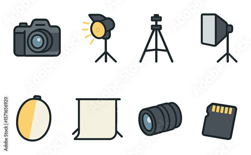Photography studio set. simple camera, light, tripod, lens, backdrop vector icons.