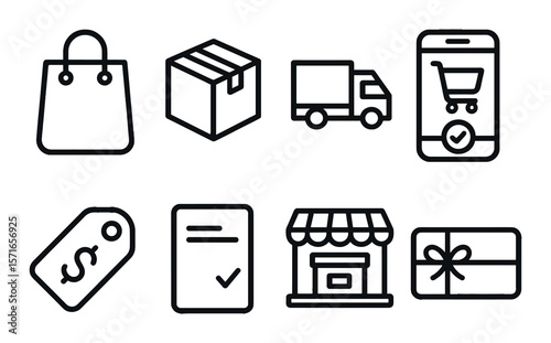 E-commerce icon set. online shopping flat icons. bag, box, truck, cart vector icons.