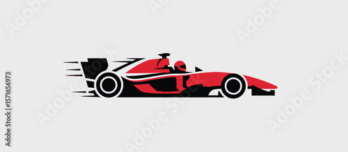 Stylized red and black formula one race car in motion on a light gray background