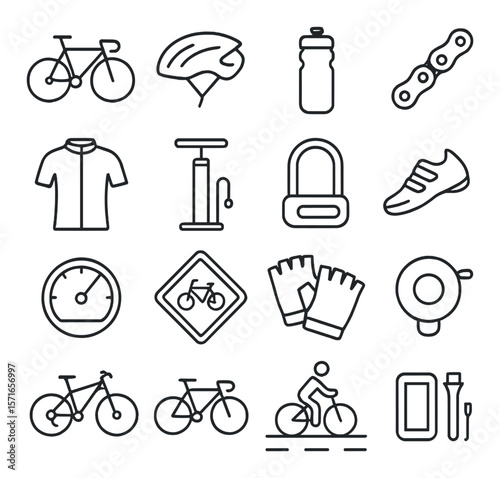Cycling hobby essentials set. simple bicycle, helmet, pump, lock, gloves, bike vector icons