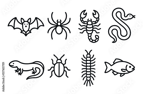 Cave wildlife icon set. simple bat, spider, scorpion, snake, vector icons