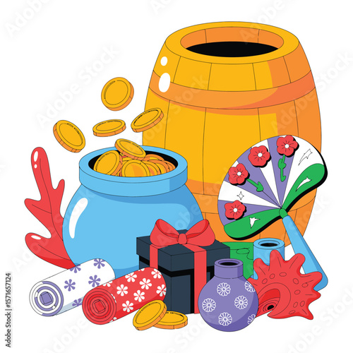 A collection of festive and celebratory items including a barrel of gold coins and gifts