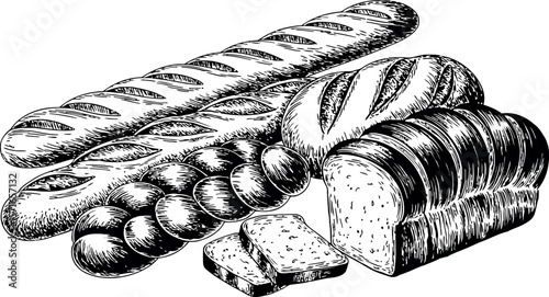  a collection of various bread types, including baguettes, loaves, and braided bread, rendered in a classic black and white sketch style.
