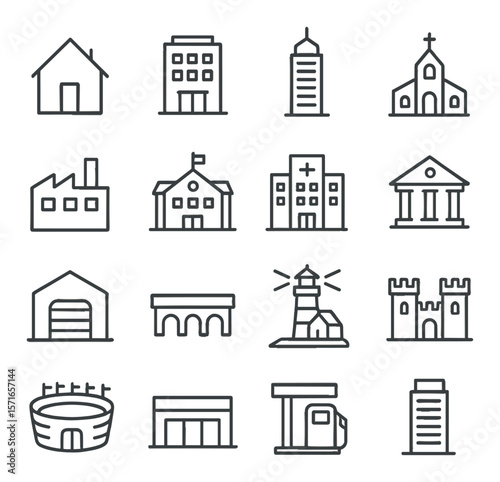 Architecture building set. iconic structure simple silhouette. house, church, castle, vector icons