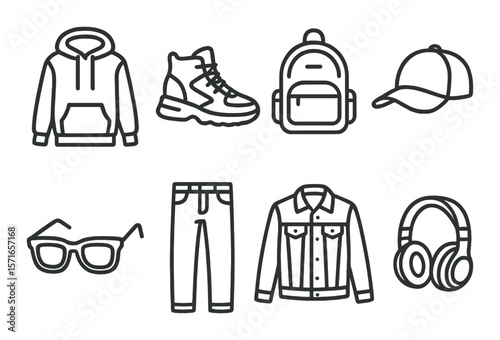 Street fashion set. simple linear hoodie, sneakers, backpack, cap, headphones vector icons.