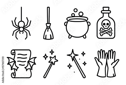 Halloween icon set. simple silhouette icons: spider, broom, cauldron, potion, scroll, wand