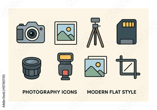 Photography essentials set. camera, lens, tripod, flash, card, frame, flat style vector icons.
