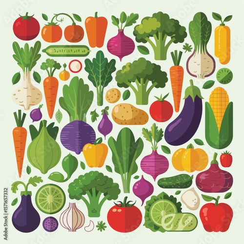 Colorful assortment of fresh vegetables and fruits arranged in a pattern