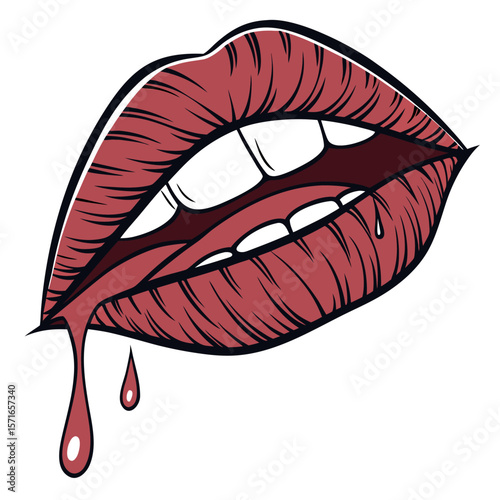 Illustration of open lips with red lipstick and white teeth and dripping liquid against a white background
