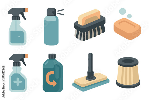 Cleaning tools set. modern flat cleaning supplies: spray, brush, mop, soap, detergent vector icons.