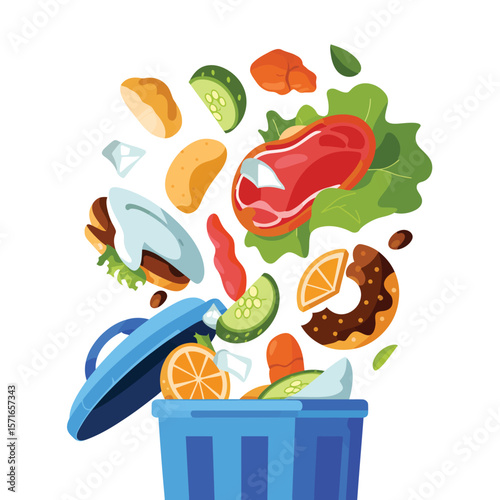 Food waste concept with various food items spilling out of a blue trash can