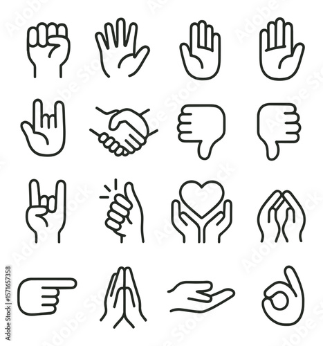 Human gesture set. simple hand, thumbs, peace, heart, fist, shake, ok gesture vector icons.