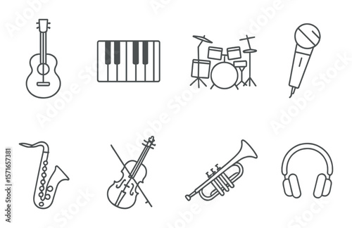 Musical instrument set. simple linear icons. guitar, piano, drums, trumpet, microphone vector icons.