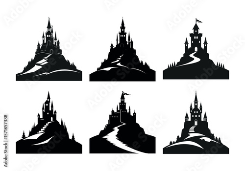 Collection of six stylized black castle silhouettes perched on rocky hills with winding paths