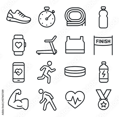 Running gear set. fitness, exercise silhouette icons. shoe, timer, track, medal vector icons.