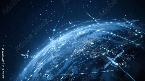 Fototapeta Naklejka Na Ścianę i Meble -  Blue futuristic background with planet Earth. Vector. Internet satellites transmit signals. Map of the planet. Global social network. Future. Internet and technology. Floating blue plexus geometric.  
