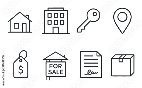 Real estate set. property, home, key, map pin, price, sale, contract silhouette vector icons.