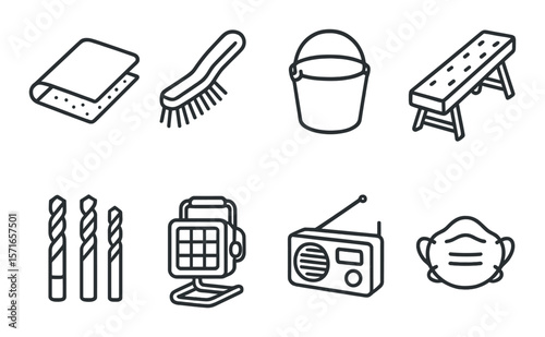 Construction tool set. simple line tools: brush, bucket, drill, mask, radio vector icons.