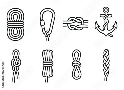 Rope knot set. nautical, climbing, secure ties silhouette anchor, braid, loop vector icons.