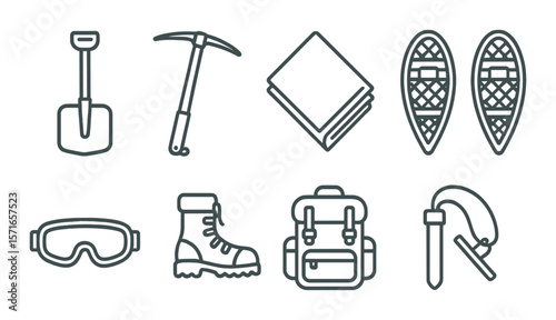 Winter survival set. simple snow shovel, pickaxe, snowshoes, boot, backpack, goggles vector icons.