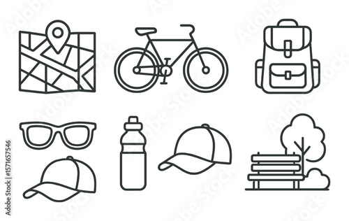Urban adventure essentials set. simple map, bike, backpack, cap, sunglasses vector icons.