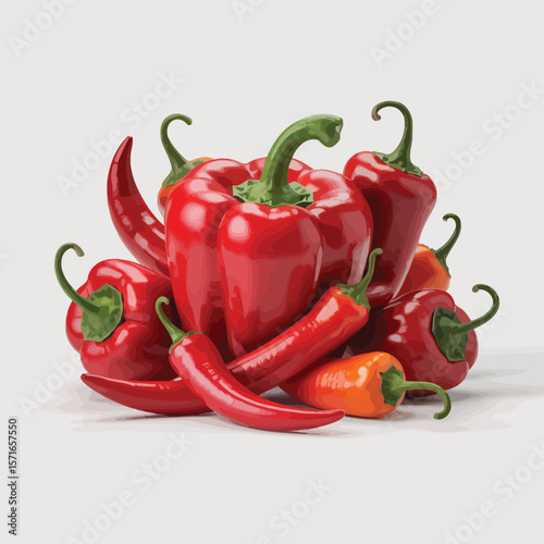 A vibrant assortment of red and orange bell peppers and chili peppers arranged together