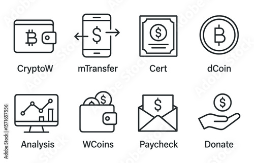 Financial icons set. linear money symbols: wallet, transfer, certificate, coin, chart vector icons.