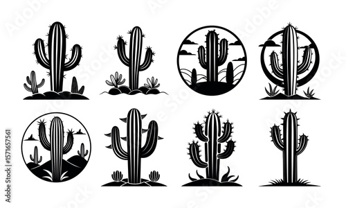 Collection of stylized desert cacti and succulents in various arrangements and circular frames silhouette