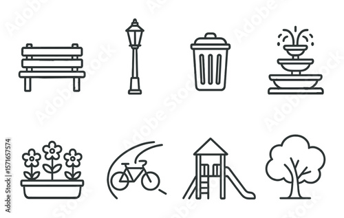 Park icon set. outdoor recreation linear style. bench, lantern, trash, fountain vector icons.
