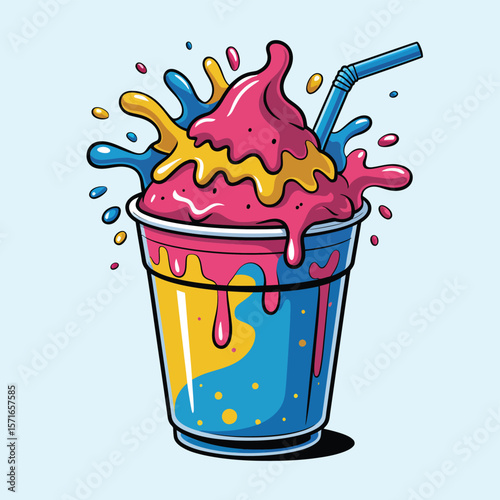 Vibrant colorful slushy drink with splashing liquid and straw