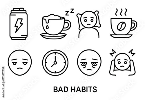 Caffeine overload icons set. energy, coffee, sleep, stress, headache linear vector icons