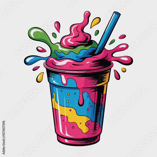 Vibrant colorful smoothie splash with straw in a clear cup