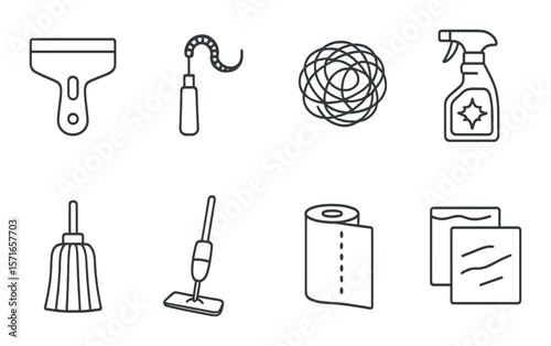 Home cleaning tools set. simple cleaning, spray, mop, broom, cloth, squeegee vector icons