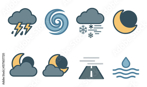 Weather icon set. minimalistic weather flat icons. cloud, storm, moon, wind, water vector icons.