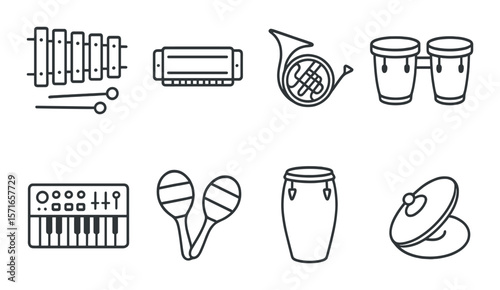 Musical instrument set. iconic simple instruments. piano, drum, guitar, flute, harp vector icons.