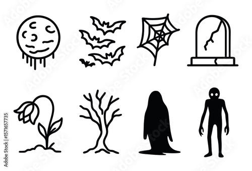 Halloween icon set. spooky silhouette symbols: moon, bat, spider, tombstone, ghost vector icons.