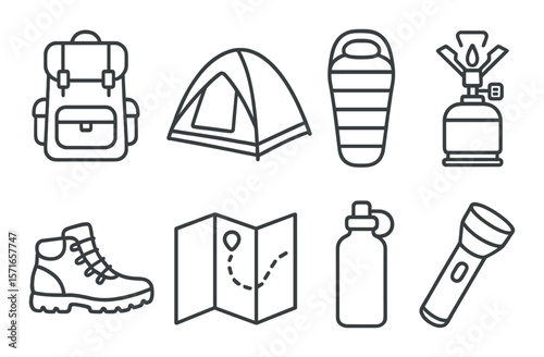Backpacking essentials icon set. simple camping gear: backpack, tent, map, boots, flashlight, water bottle, stove vector icons.
