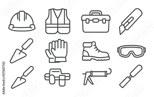 Construction tools icon set. simple linear toolbox, helmet, boots, gloves vector icons.