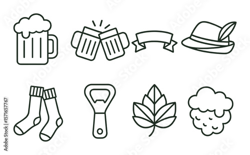 Oktoberfest icon set. beer, hat, banner, socks, opener, hops, leaf silhouette icons.