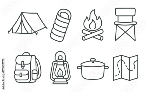 Campsite essentials set. camping gear silhouette sleeping bag, tent, map, lantern vector icons.
