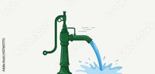 Green antique water pump with flowing water and splashes on a light background