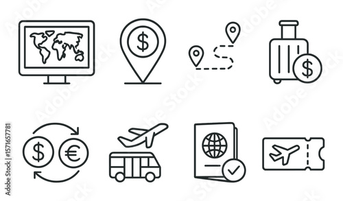 Affordable travel icon set. simple travel, map, luggage, airplane, ticket vector icons.